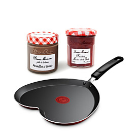 Mara des Bois aardbeienconfituur, hazelnootpasta met cacao en hartvormige pannenkoekenpan (alle branders behalve inductie) Bonne Maman x Tefal - 25 cm